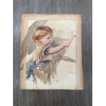 Possibly EMILY FARMER R.I. (c. 1826-1905): Watercolour sketch of child, in oval mount 25cm x 19.5cm