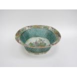 A 19th Century Canton lattice basket/bowl with handpainted bird, insect, butterfly border, the
