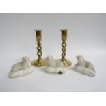 Three 19th Century Staffordshire sheep and a pair of brass open twist candlesticks (5)