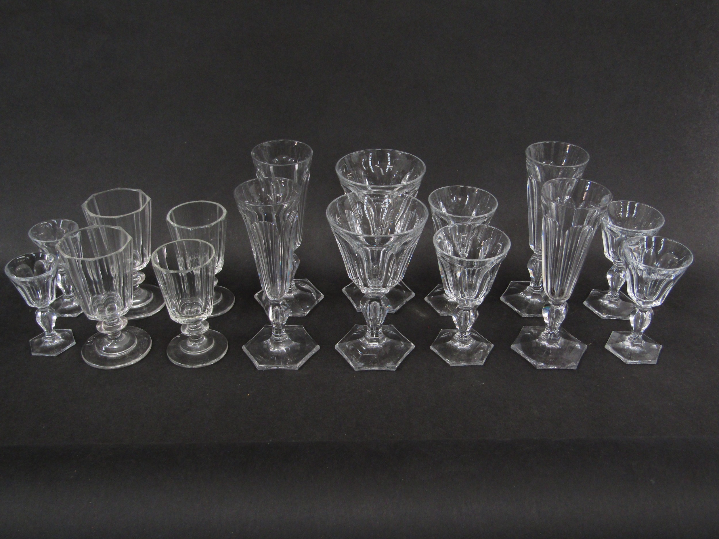 A large quantity of handblown glasses originally from the Essenburg Castle. The two part sets were