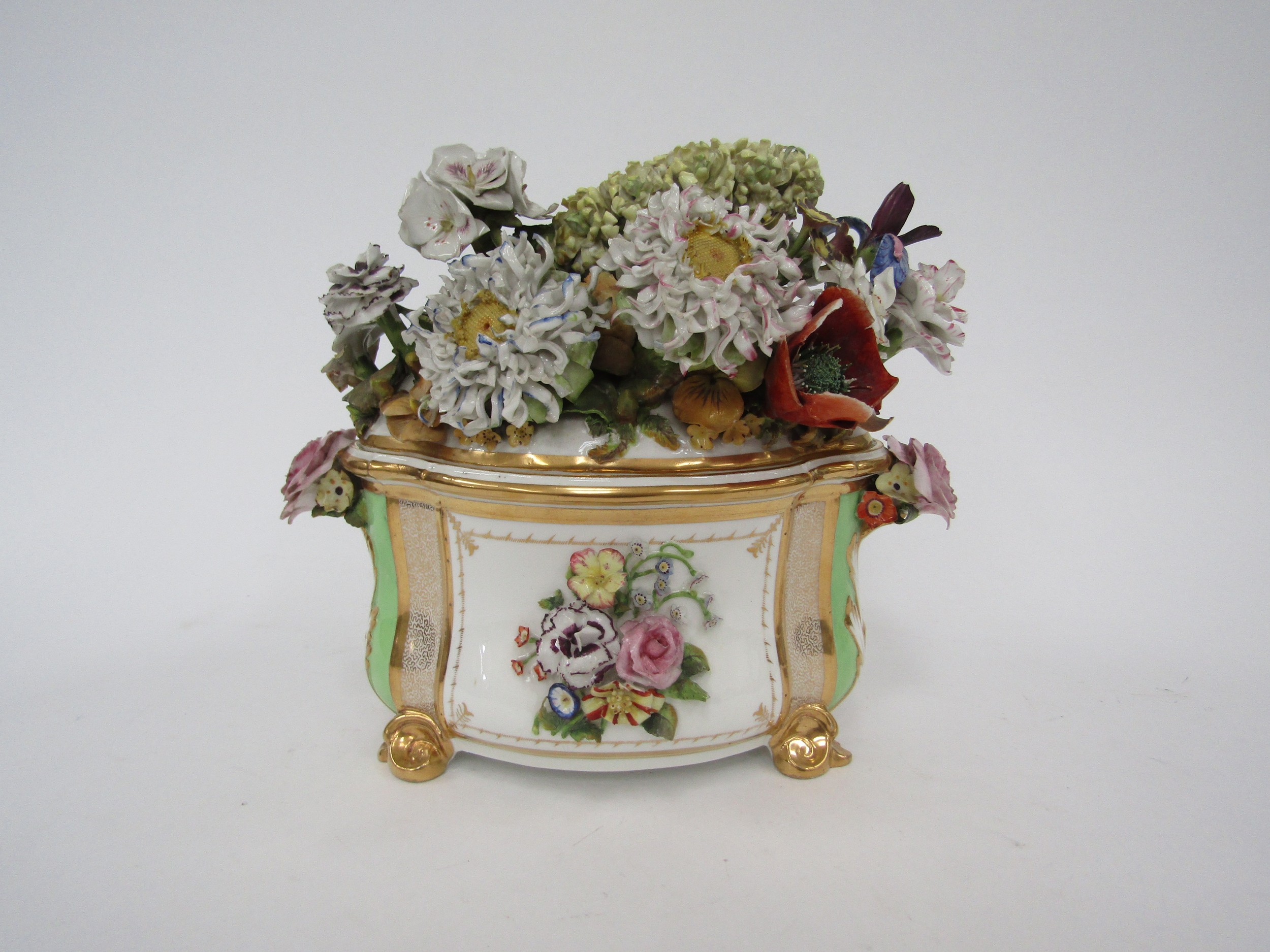 A Derby green ground flower encrusted bough pot and cover, some damage, 25 cm wide, 22cm tall