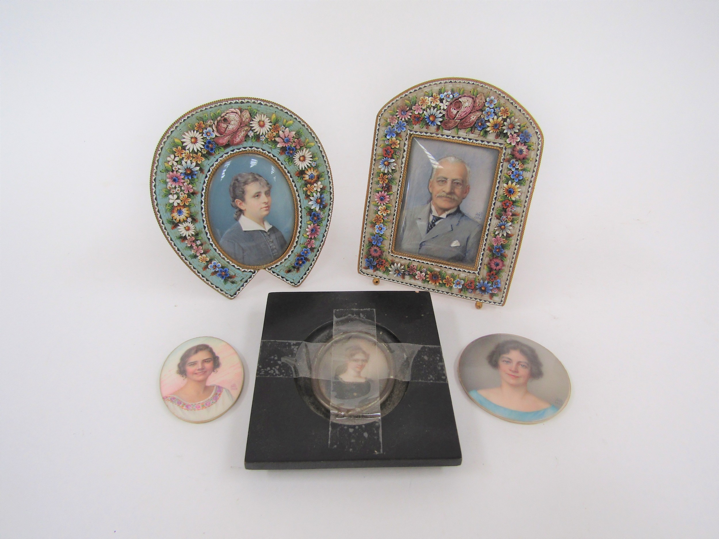 A collection of Portrait miniatures to include two micro mosaic examples, some signed JHB