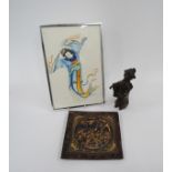 A bronze Oriental figure, decorative panel and watercolour (3)
