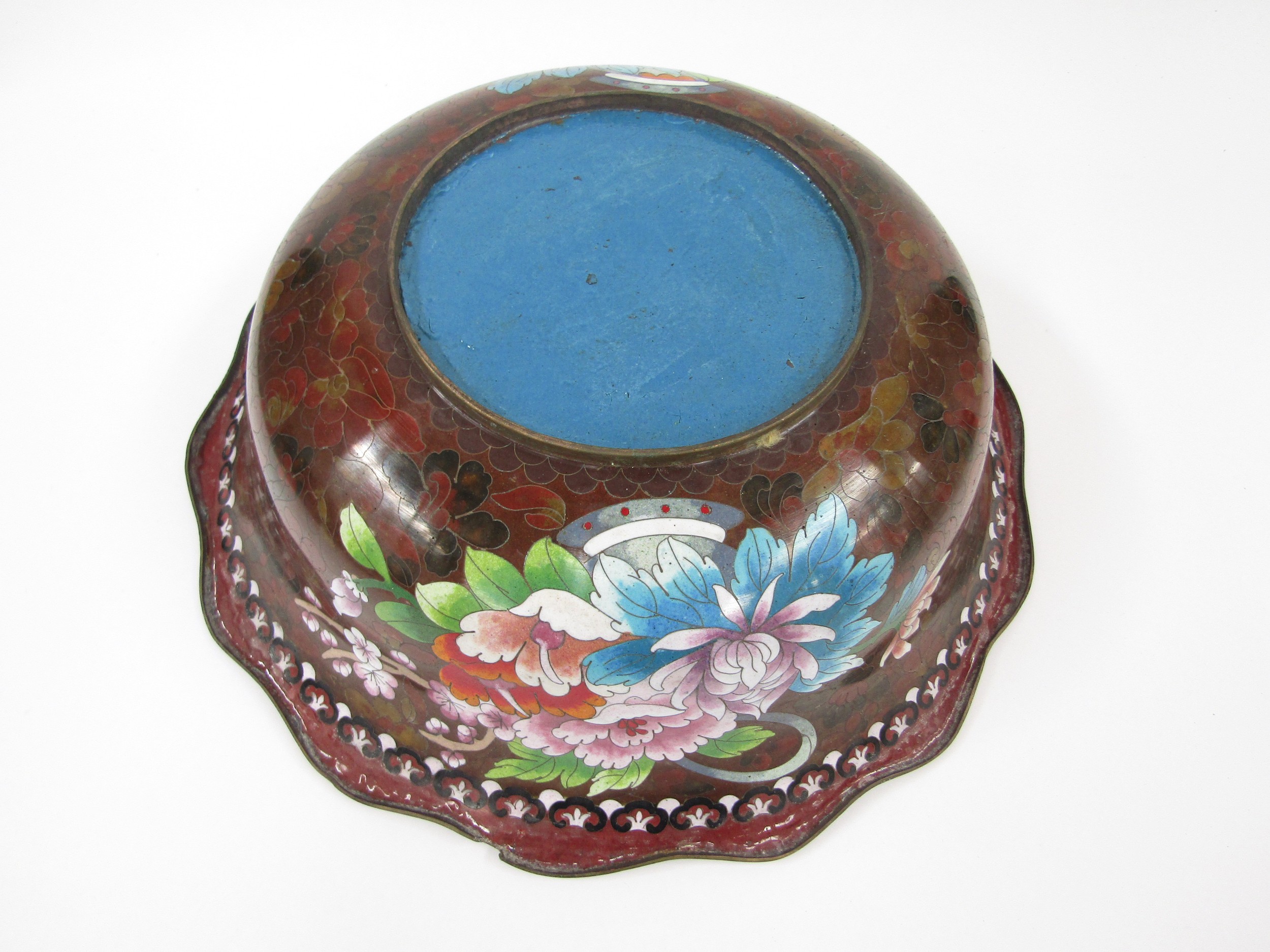 A large Republic Period Chinese cloisonné enamel bowl with Famille rose decoration on a rich rouge - Image 4 of 5
