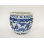 A Chinese blue and white jardinière with scene of warriors on horseback and flagbearer marching