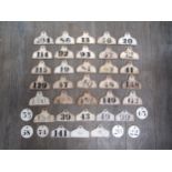 A quantity of 19th Century wine bin markers, various makers including Wedgwood, Copeland, Farrow and