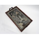 A Chinese rosewood drinks tray, twin handles, converted to a wall hanging, with machine woven