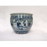 A Chinese blue and white jardinière with figural and foliate cartouches, bar and cloud border,