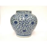 A Chinese blue and white bulbous form jardinière with scrolling lotus flower decoration, unmarked,