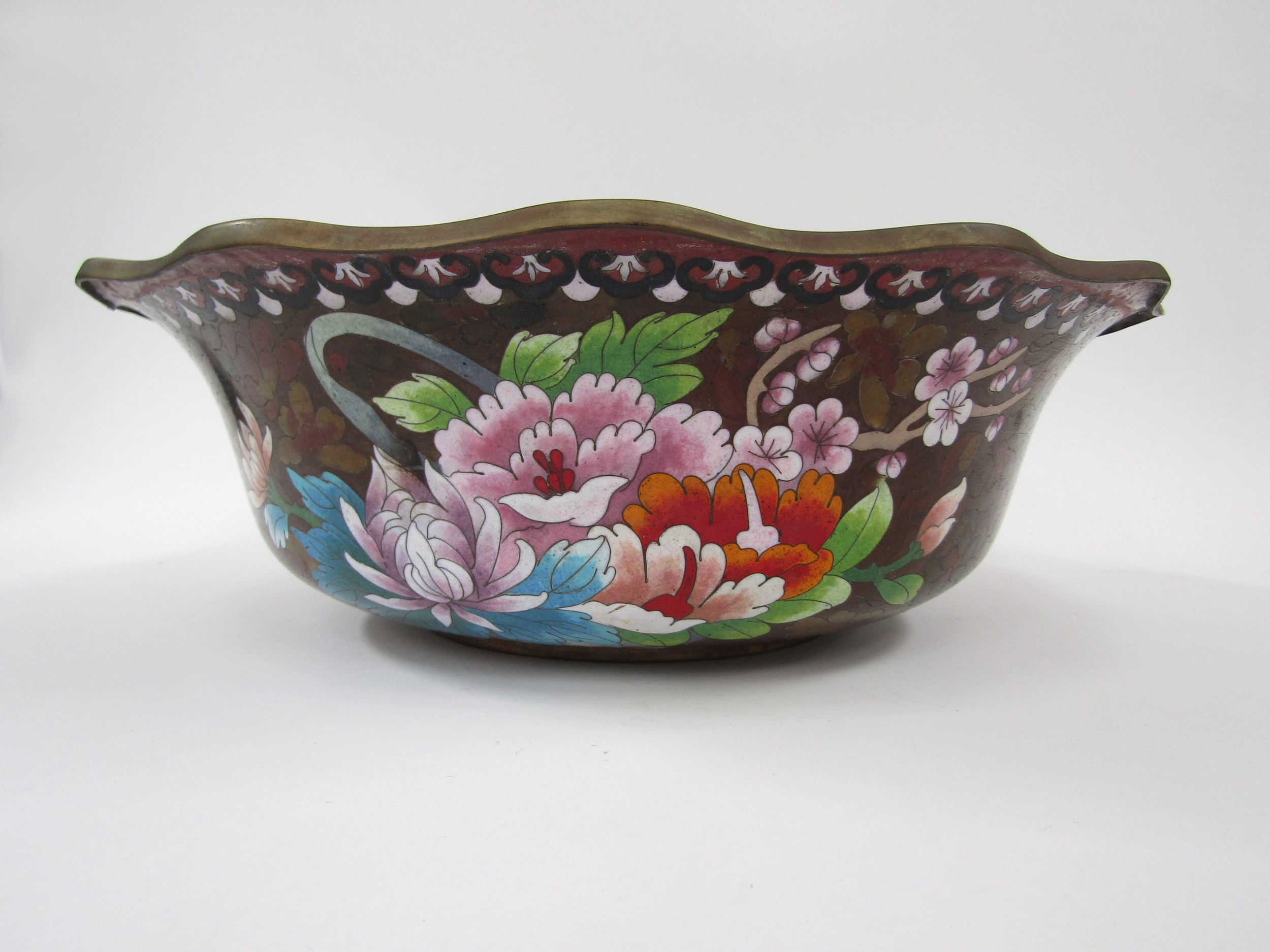 A large Republic Period Chinese cloisonné enamel bowl with Famille rose decoration on a rich rouge - Image 5 of 5