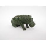 A green Verdite stone sculpture of a hippo, signed A. Chaulk 95. (One Front leg has been re-glued)