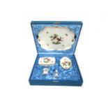 A Herend hand painted smokers/dressing table set decorated with birds and butterflies, boxed, lid