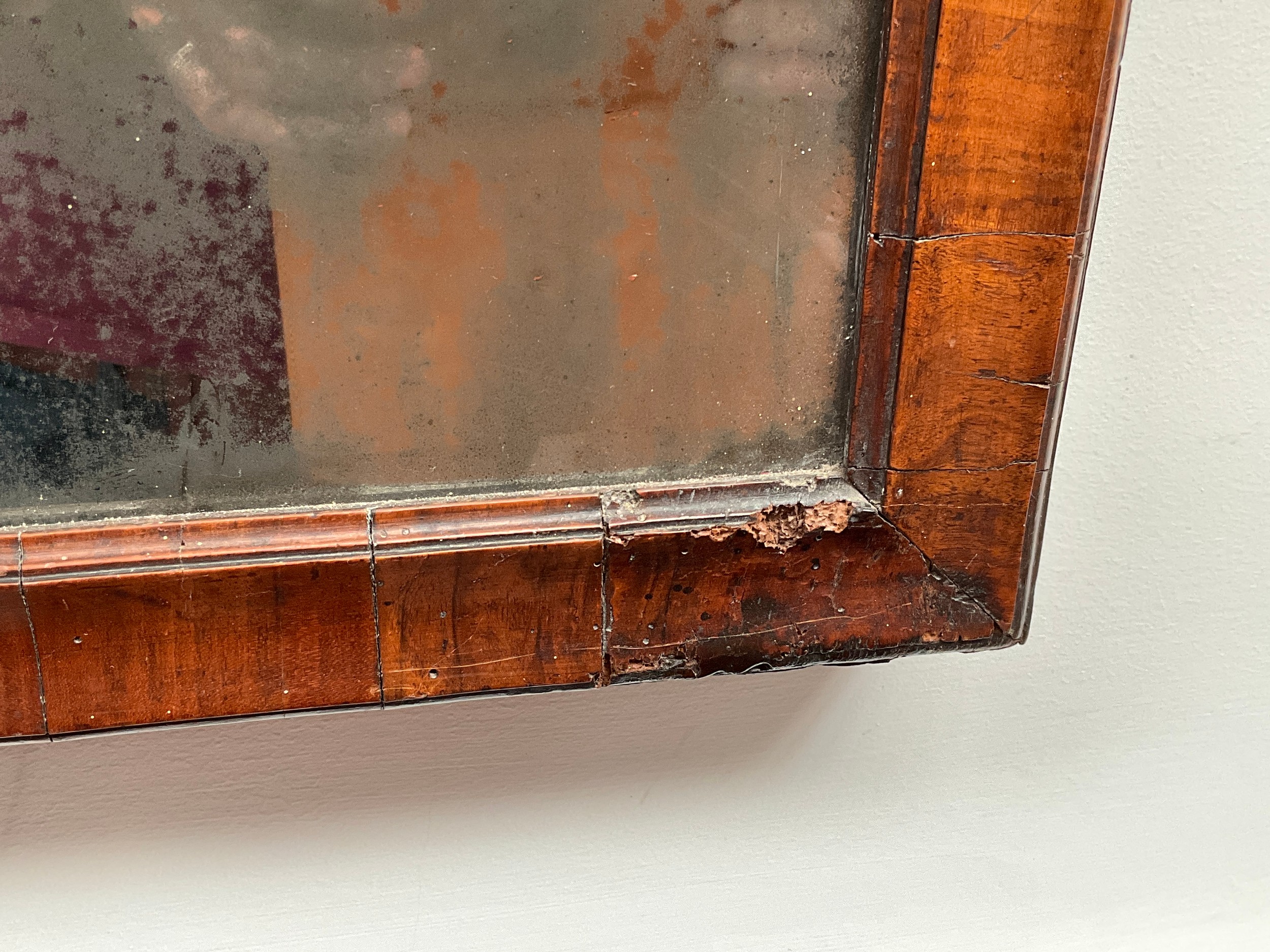 An early mid 18th Century walnut wall mirror, bevelled original glass in two sections - Image 3 of 3