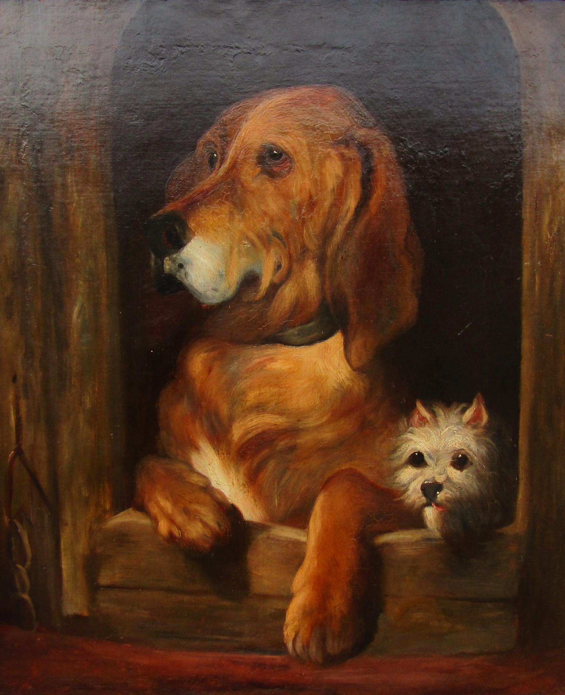 After Landseer - An oil on canvas of 'Dignity & Impudence' depicting two dogs. Unsigned. Set in a - Image 3 of 5