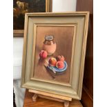 DORIS DOWN: "Peaches with Pot" oil on canvas, 35cm x 24cm