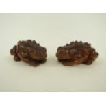 A pair of 19th Century salt glazed horned toads, unmarked, 10cm x 7cm x 4.5cm