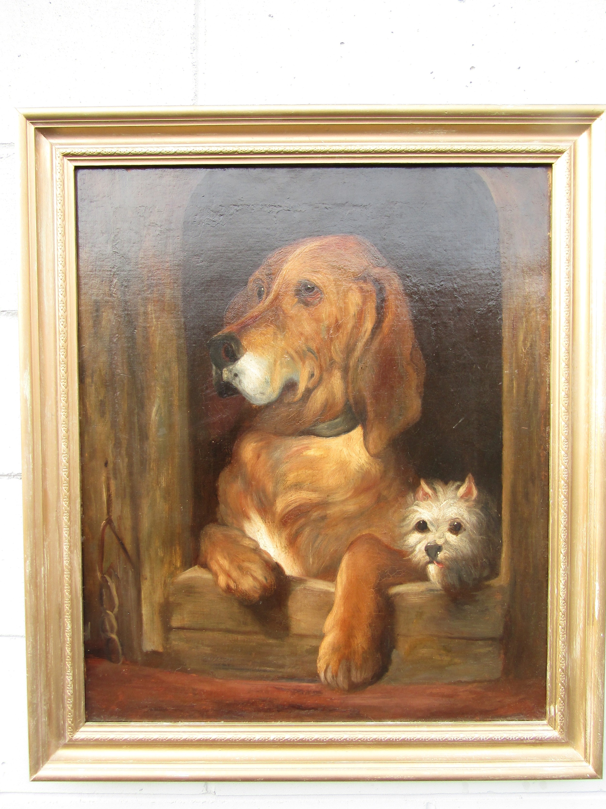 After Landseer - An oil on canvas of 'Dignity & Impudence' depicting two dogs. Unsigned. Set in a - Image 2 of 5