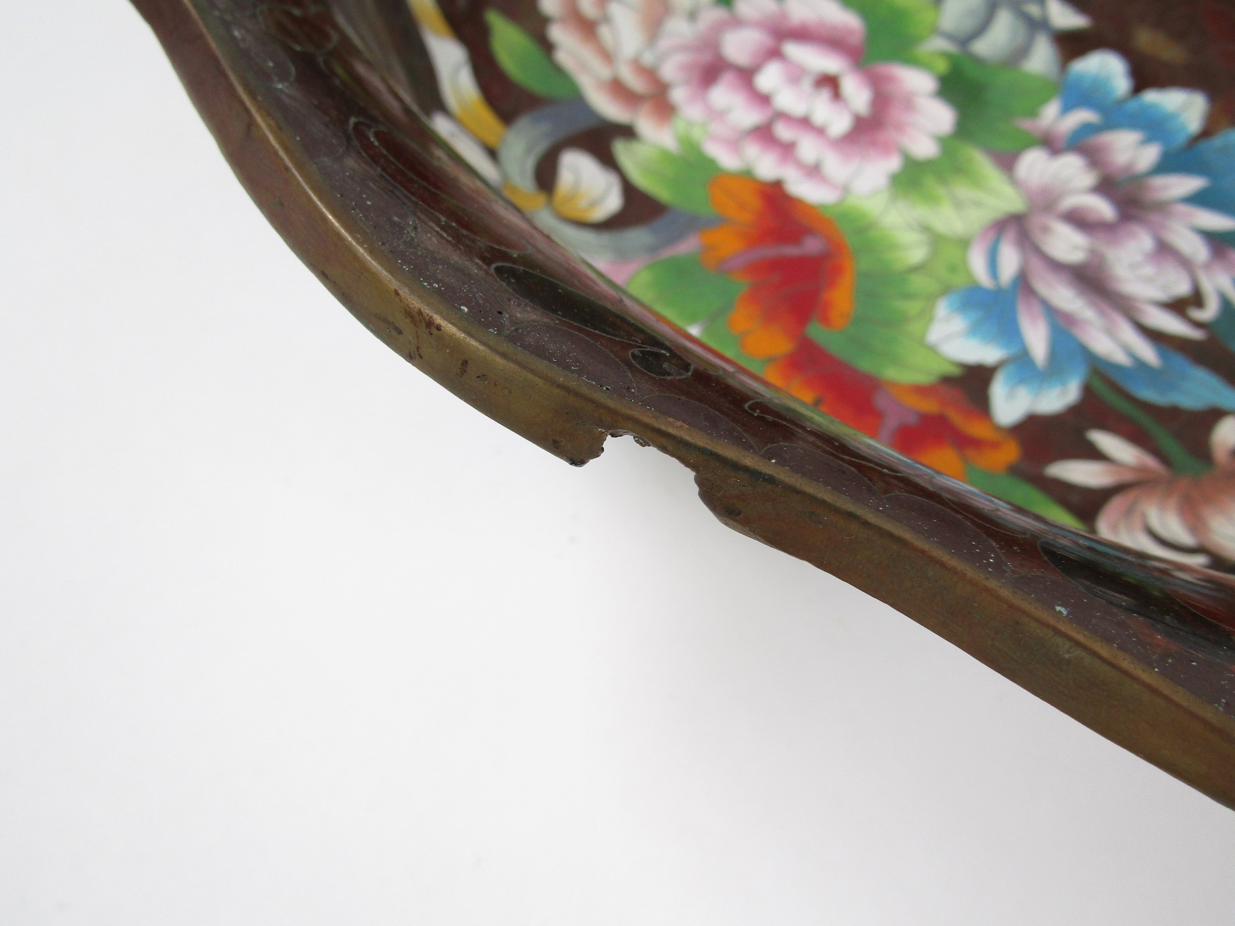 A large Republic Period Chinese cloisonné enamel bowl with Famille rose decoration on a rich rouge - Image 3 of 5