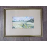 A miniature watercolour, rural landscape, flower meadow, 10cm x 18.5cm