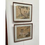 Two Oriental watercolour paintings on paper depicting female figures in exterior garden settings,