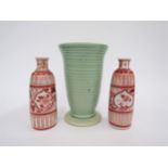 A Lovatt's green ribbed vase and two Oriental red Kutani vases