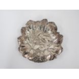 A white metal dish, leaf design embossed, on rope twist supports, 25cm diameter, Rd. no. 171383