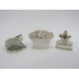 Two miniature Staffordshire sheep figures and a Parian basket of flowers (3)