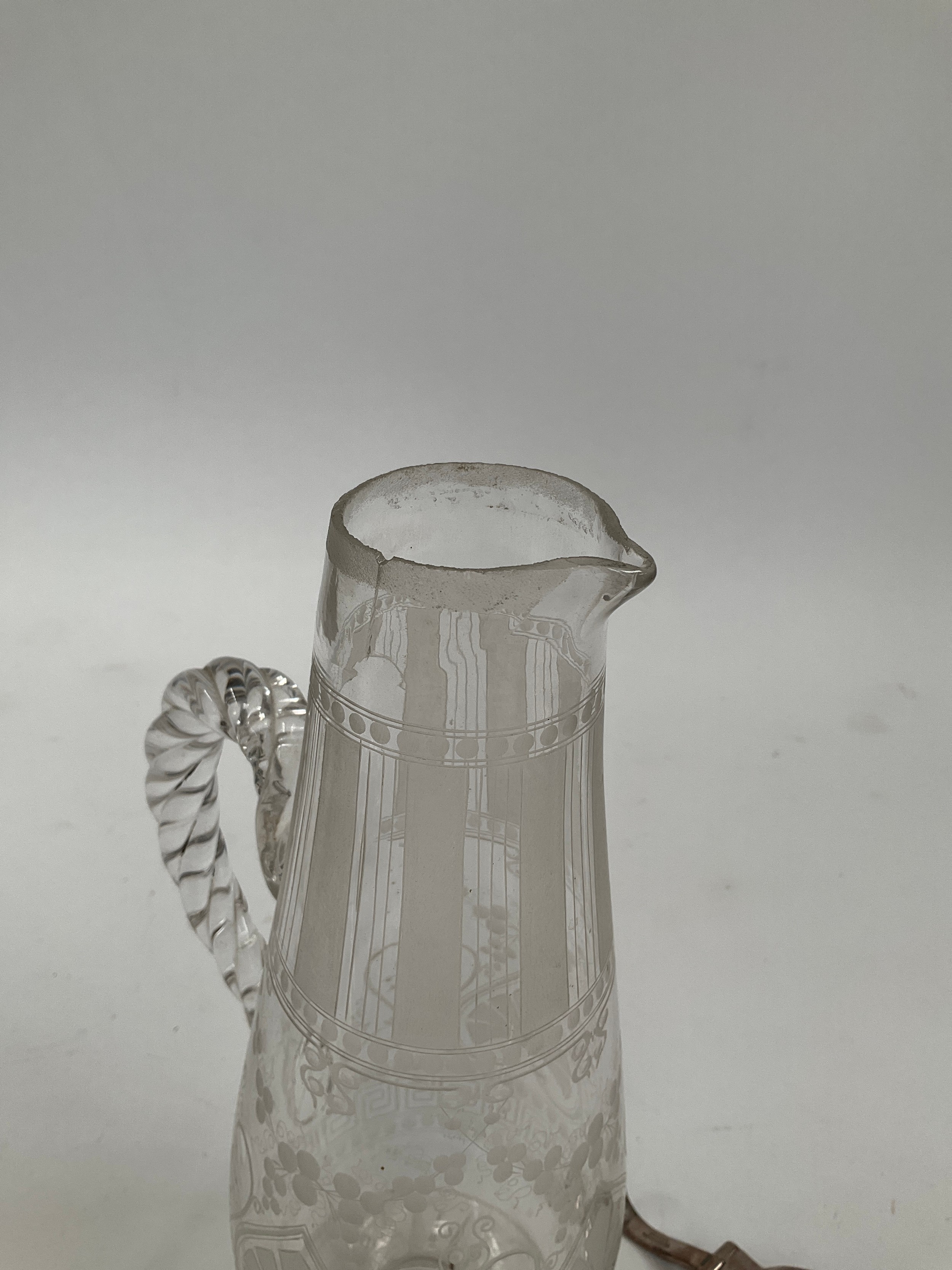 A Victorian etched crystal glass claret jug with rope twist handle, the top with Thompsons patent - Image 2 of 2