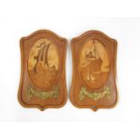 A pair of early 20th Century specimen wood panels with central image of Cruise Liner and Viking Long