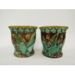 A pair of Victorian majolica jardinières, fern leaf relief, a/f