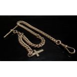 A 9ct gold watch chain hung with T-bar and cross charm, 33cm long, 43g