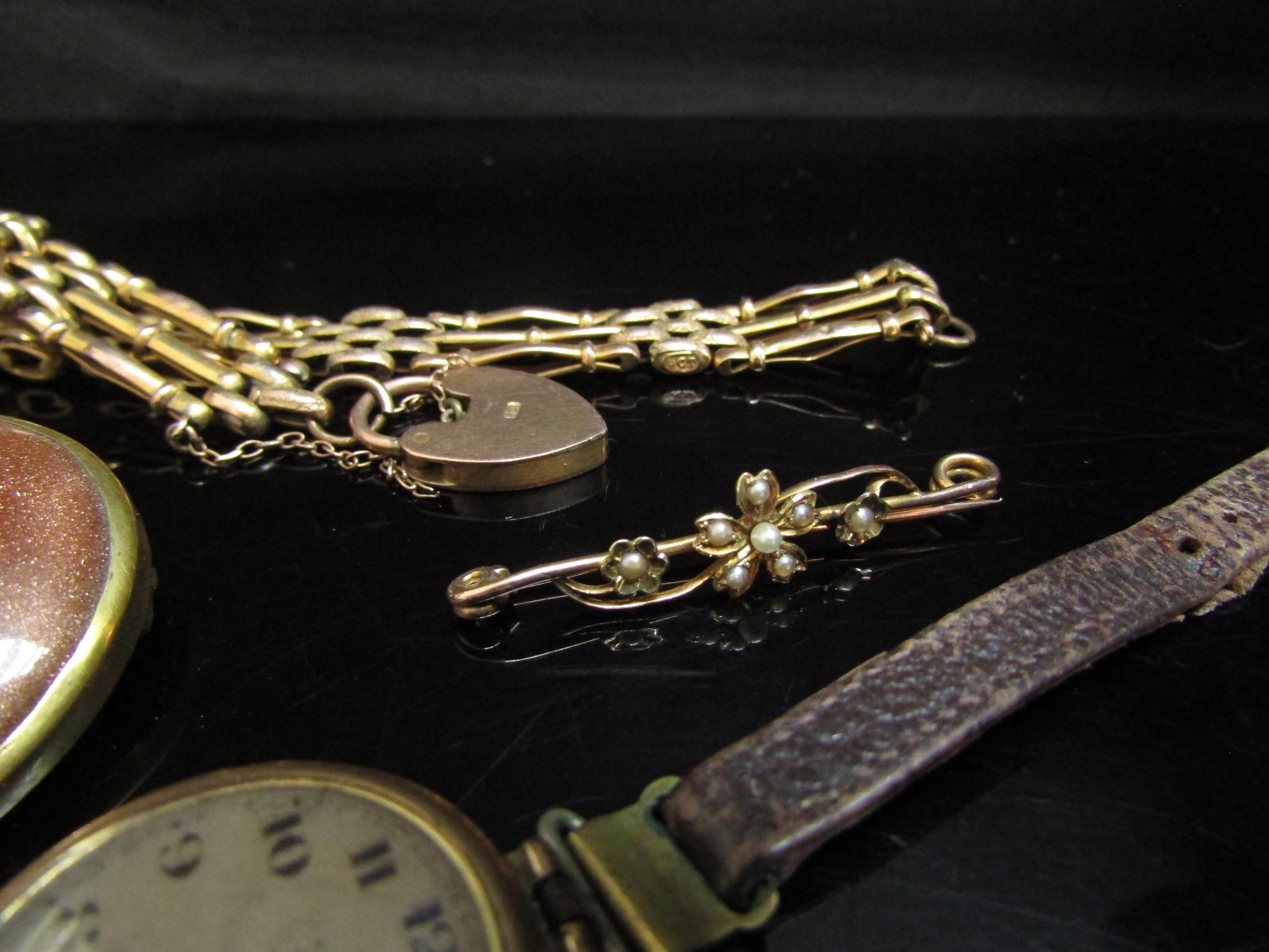 A 9ct gold gate link bracelet with padlock clasp, 9ct gold cased lady's wristwatch, gold stone - Image 2 of 2