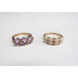 Two 9ct gold rings, one opal and amethyst, size O the other a three stone amethyst example, size