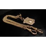 A 9ct gold watch chain, 36cm long hung with a 9ct gold Albert, 47.9g