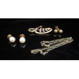 A pair of gold stud earrings, pearl stud earrings, 14k bracelet and pearl set brooch, 8.2g total