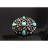 An old cut diamond and turquoise set brooch, 3cm x 3.5cm, 8.8g, unmarked (one stone missing)