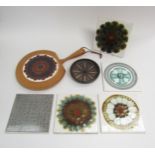 A collection of pottery including Alan Wallwork tiles, Ambleside Pottery dish, etc.