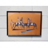 A c1960's oil on fabric panel depicting stylised figures with horses. Monogram middle right 'JE'?.
