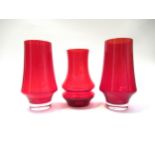 A pair of Riihimaki vases in red by Tamara Aldin, 18cm high plus another similar vase, 16.5cm high