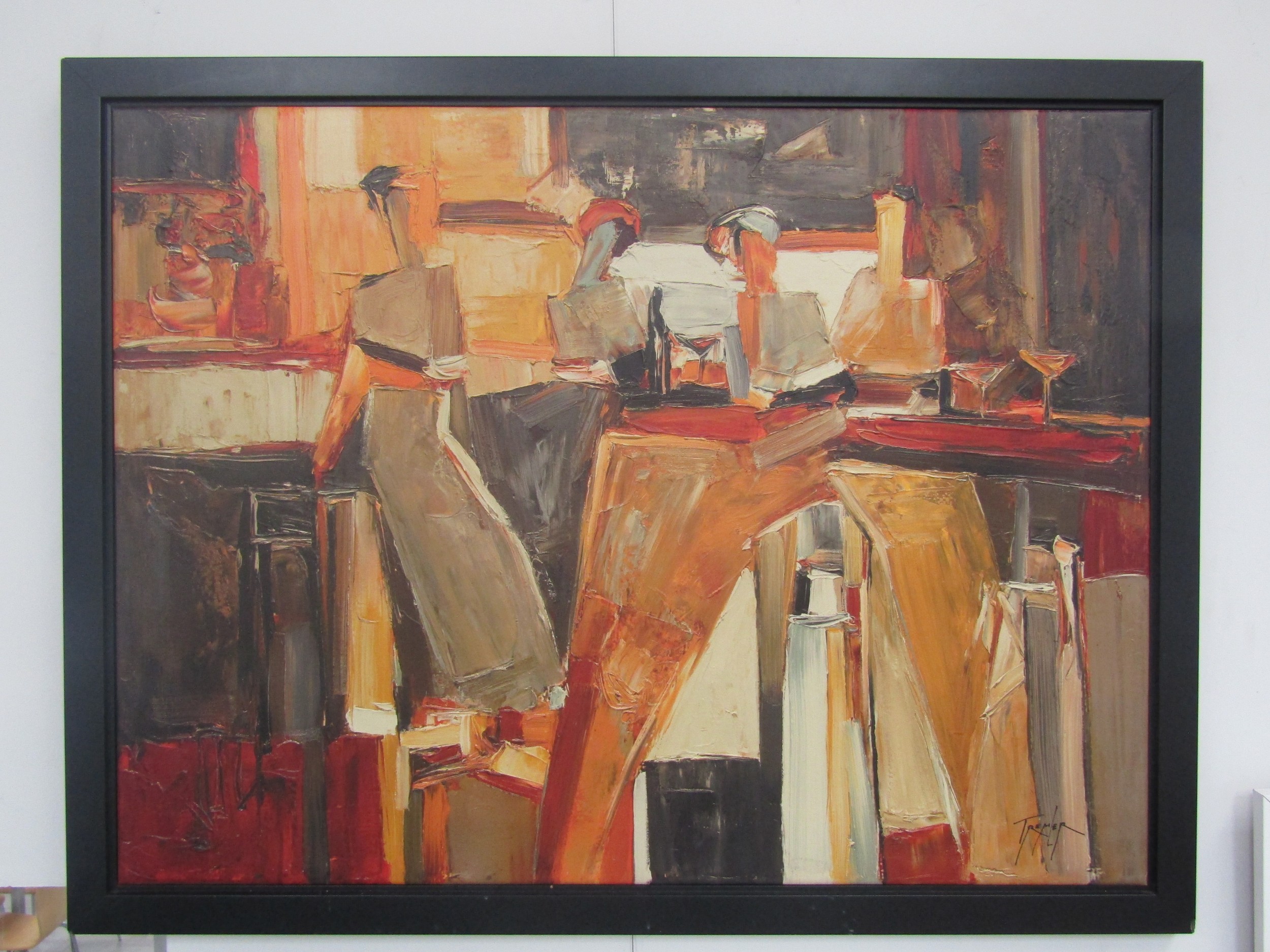A large framed oil on canvas 'Abstract Cafe' Yuri Tremler (Ukranian artist?) 76cm x 102cm