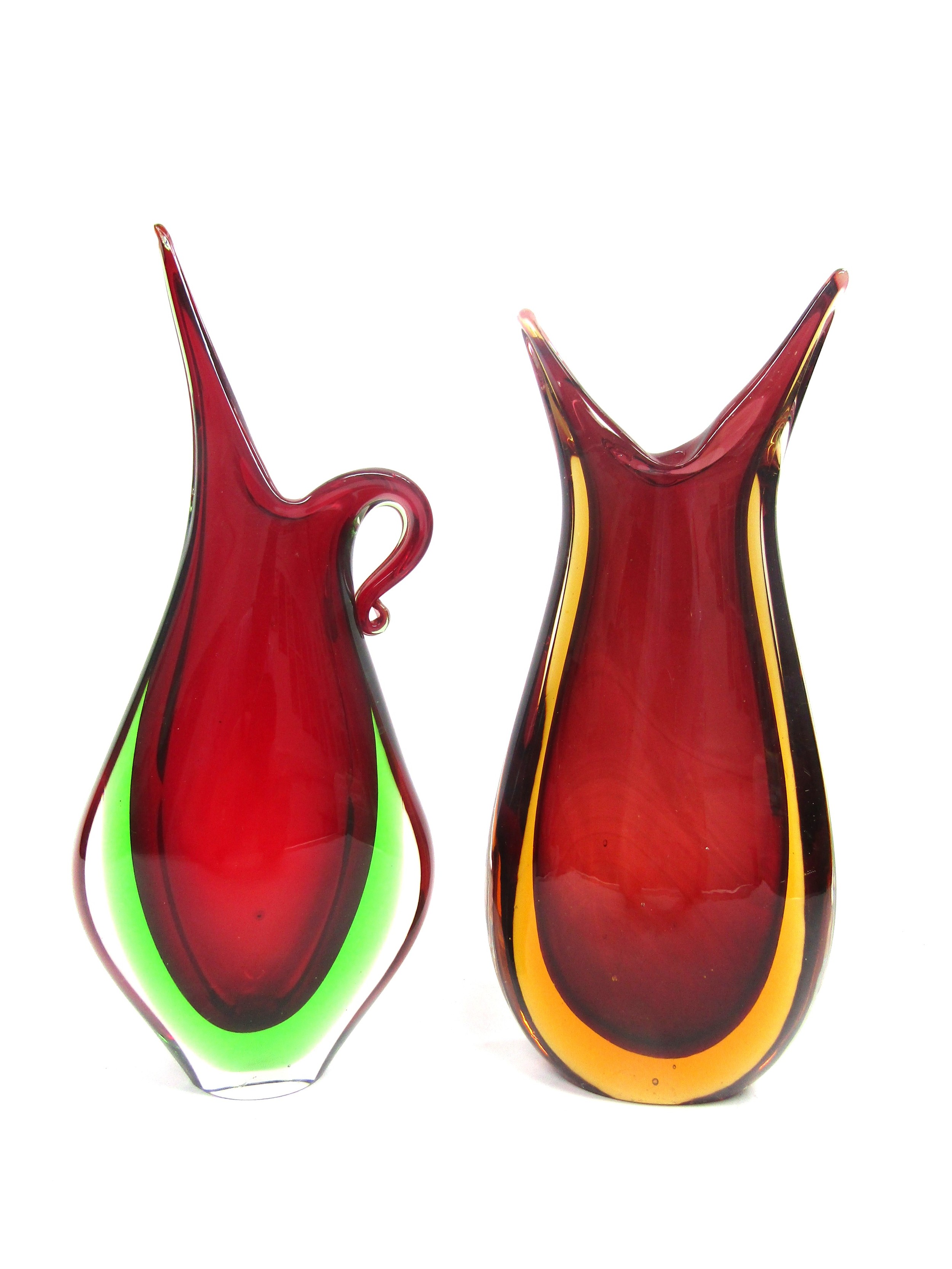 Two Murano Sommerso glass 'beak' vases in red and green and red and amber, encased in clear. Tallest - Image 2 of 2