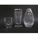 Three Scandinavian etched clear glass vases including Skruf Sweden with Rigging and Monument (