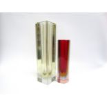 Two Murano Sommerso geometric glass vases, one in red with amber, blue and pink plus one pale