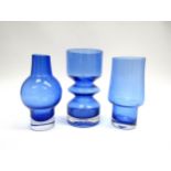 Three Riihimaki/ Riihimaen Lasi Oy Finnish glass vases including Tamara Aladin, all in blue