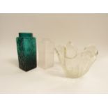 Two Dartington Glass flower vases by Frank Thrower and a clear glass handkerchief vase with