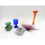 A collection of art glass including a Swedish Aseda orange stem vase, a Murano cased glass bowl, a