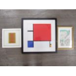 Three framed art prints including Piet Mondrian Paul Feiler and Elizabeth Frink. Largest overall