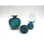 Three pieces of Mdina glass, paperweight, Seahorse and a vase, tallest 18cm