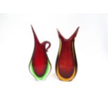 Two Murano Sommerso glass 'beak' vases in red and green and red and amber, encased in clear. Tallest