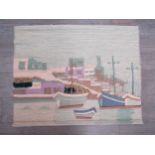 A Jute wall hanging depicting a harbour scene. 81cm x 101cm